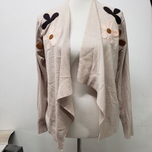 Aaeda Beige Floral Appliqué Waterfall Cardigan M Open Front Knit Sweater Boho